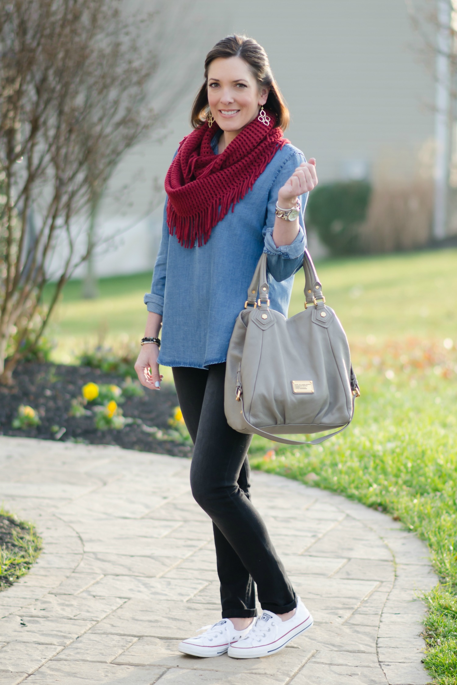 Chambray Tunic with Black Jeans, Red Fringe Scarf, and Converse