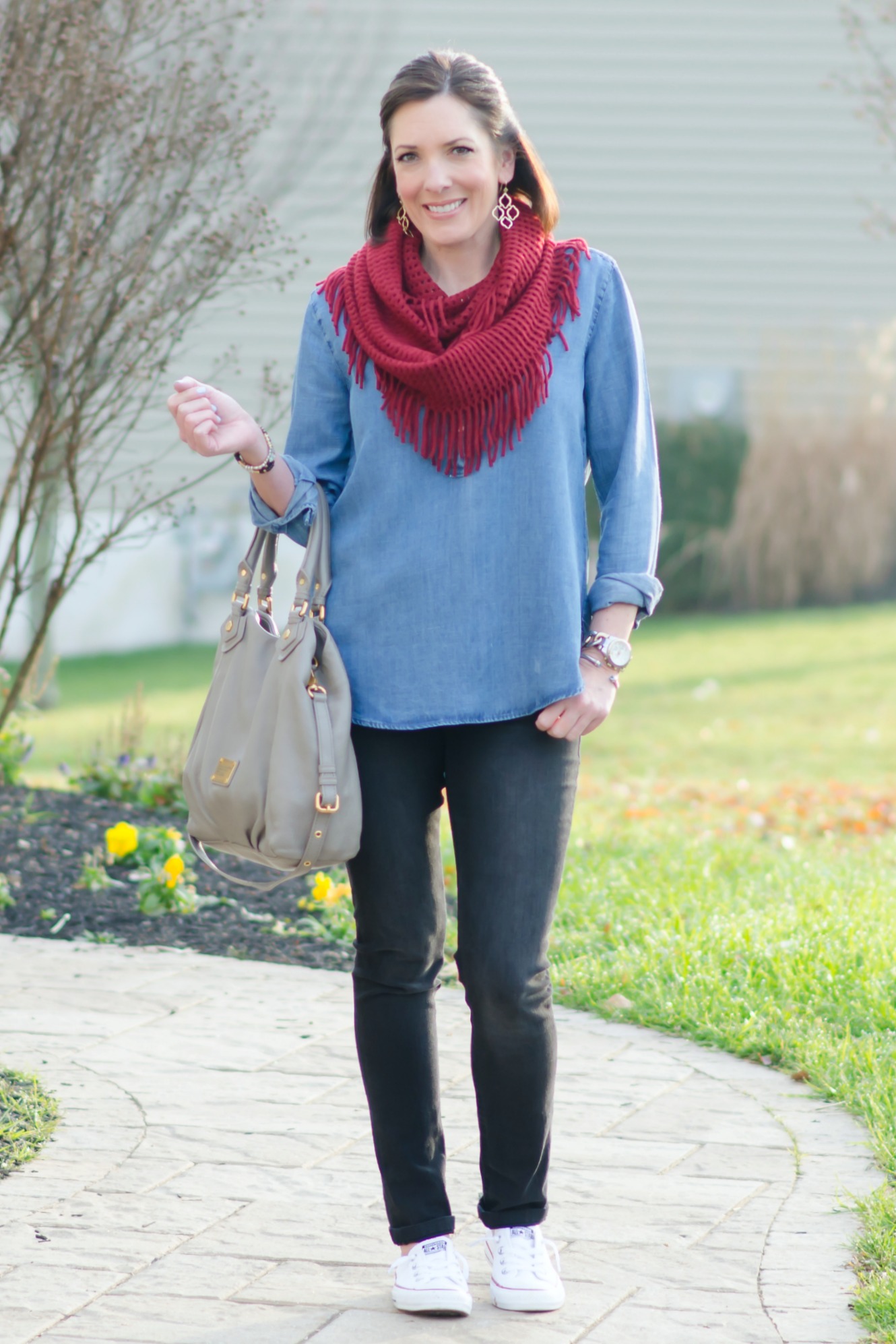 Chambray Tunic with Black Jeans, Red Fringe Scarf, and Converse