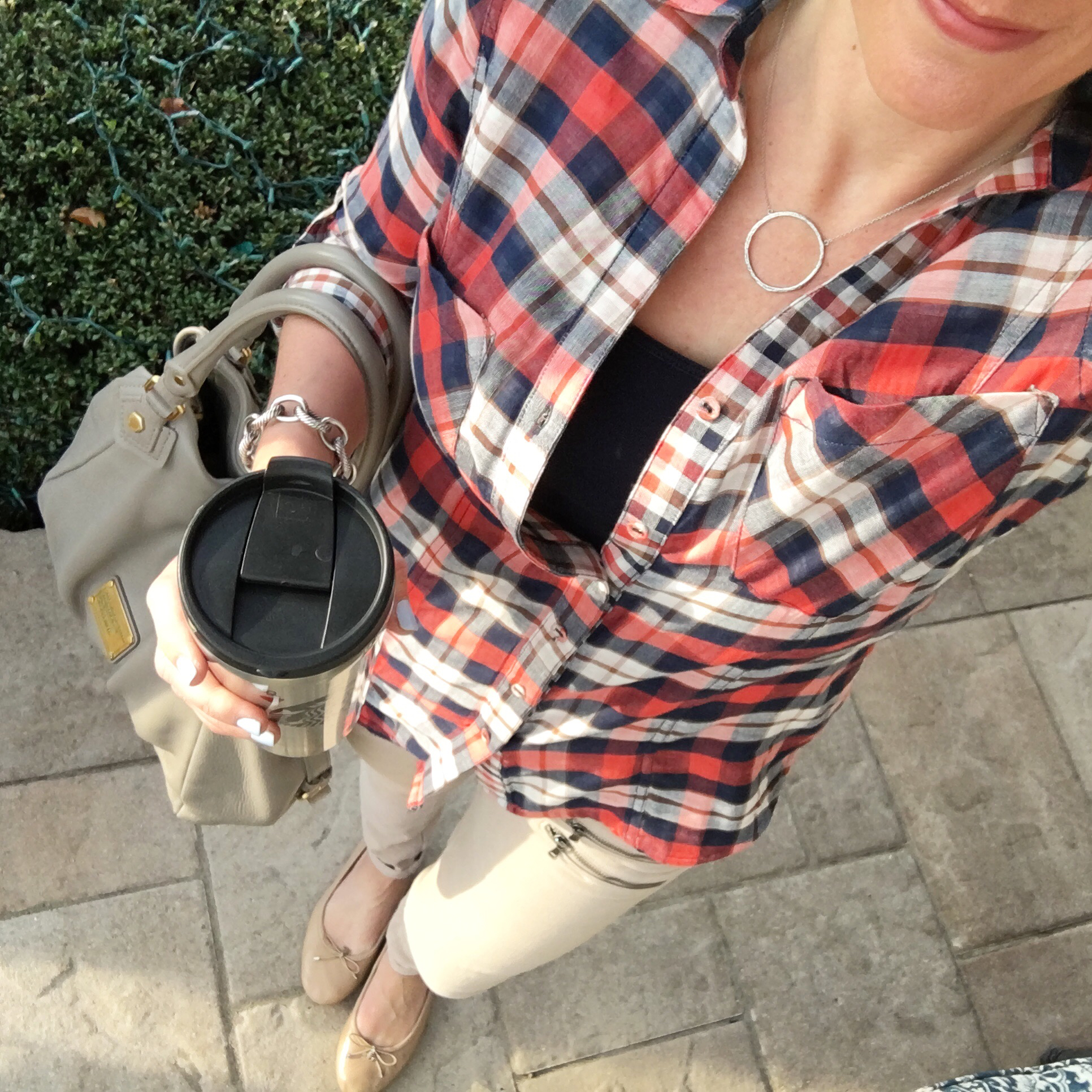 Instagram Top-Down Selfie: Red Plaid with Beige Moto Jeans and Ballet Flats