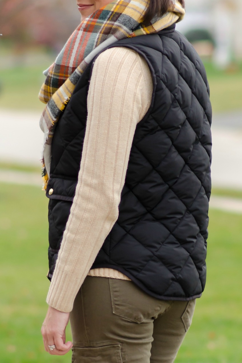 This is the perfect outfit for a chilly fall day spent outdoors: down vest, wool turtleneck, riding boots and blanket scarf.