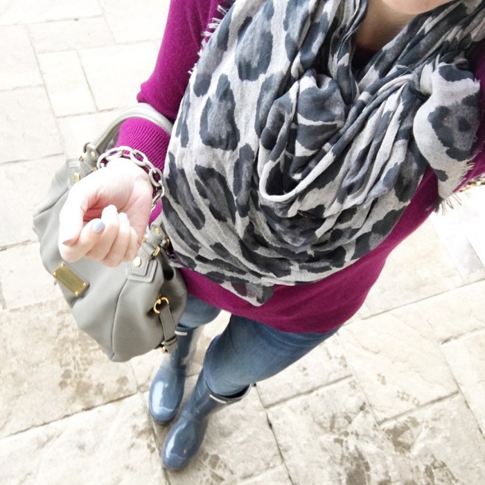 Rainy Day Outfit: leopard scarf, magenta cashmere sweater, Hunter boots