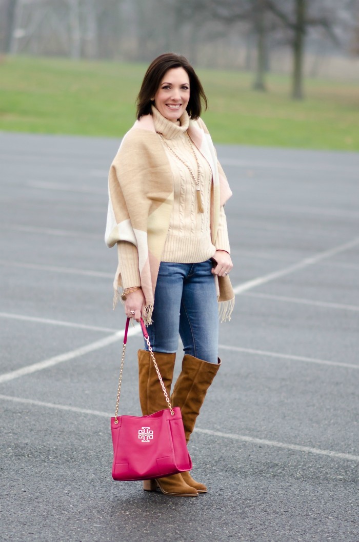 Winter Fashion for Women Over 40- pastel scarf, chunky cable turtleneck, skinny jeans, over the knee boots, and Tory Burch Britten Slouchy Tote 5