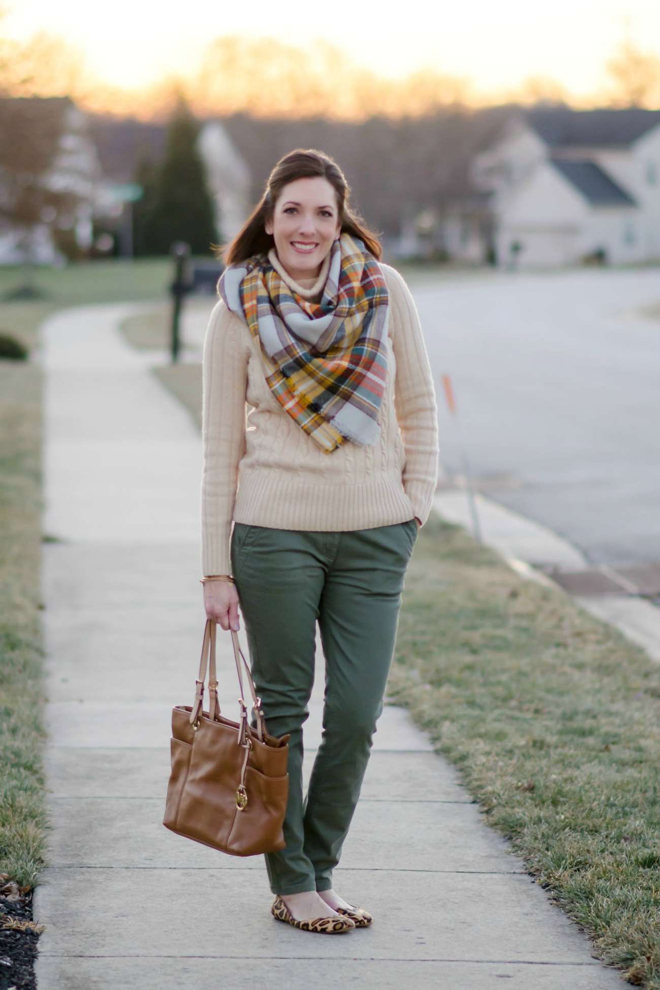 Fashion Over 40 Outfit Ideas | I'm loving this army green and warm ivory combination! The scarf is the perfect piece to pull it all together!