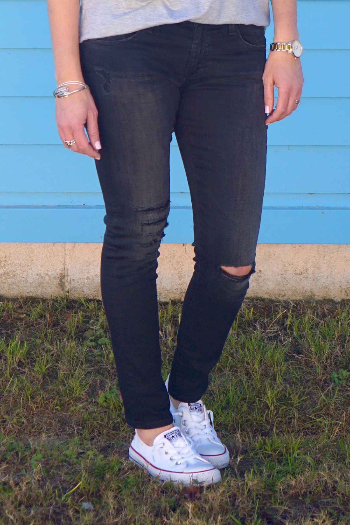 Casual Weekend Outfit: baseball, ripped denim, AG Ankle Leggings, Converse Chuck Taylor Shoreline Sneakers, Alex and Ani