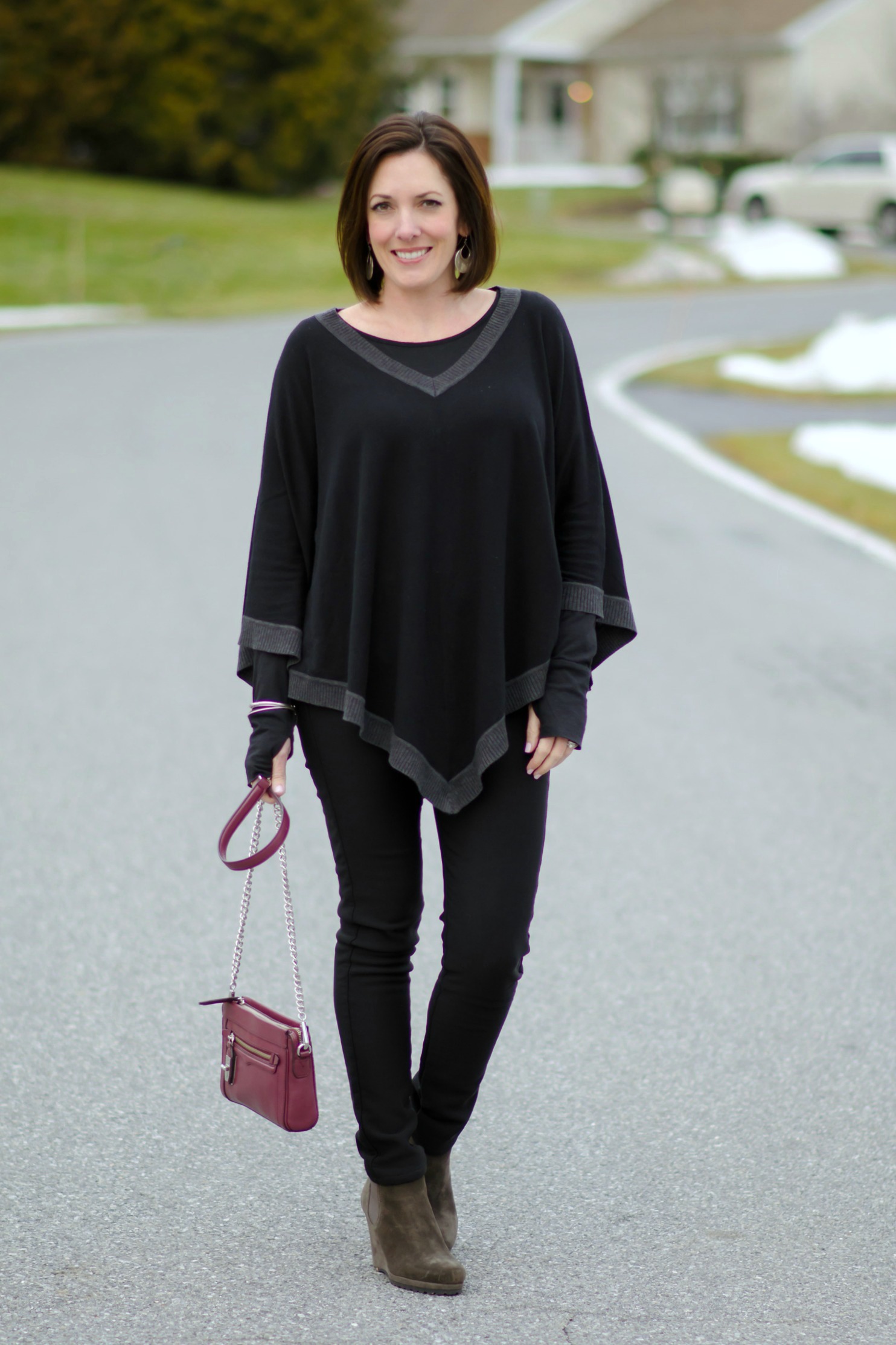 Fashion Over 40: Black Outfit, Splendid Color Block Poncho, Ponte Knit Skinny Pants, VANELi Jara Wedge Ankle Boots