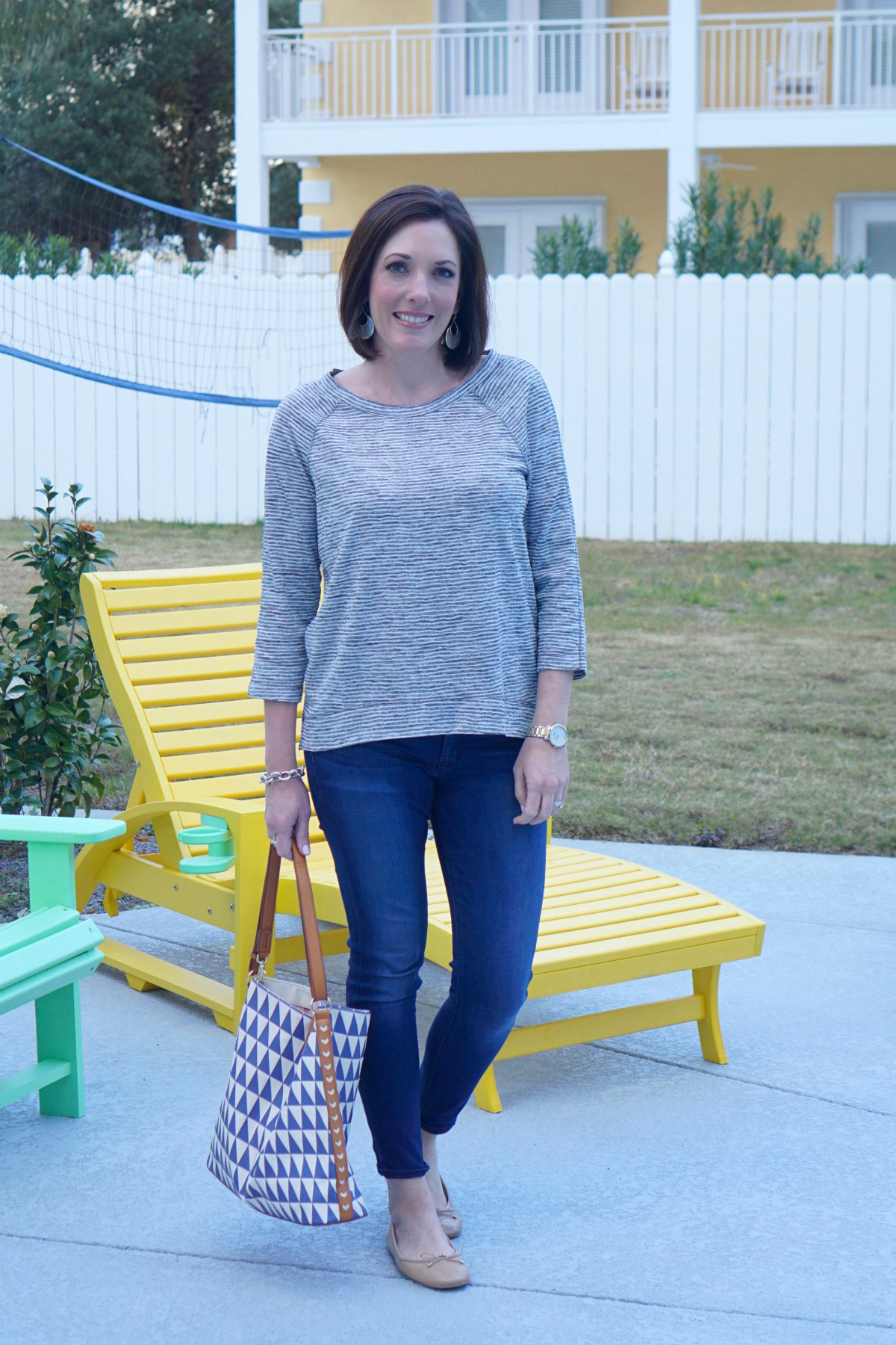 Casual Weekend Outfit: sporty grey striped top, cropped skinny jeans, Hudson Krista super skinny jeans, Sam Edelman, Felicia Flats, nude ballet flats, Stella & Dot Crosby Hobo