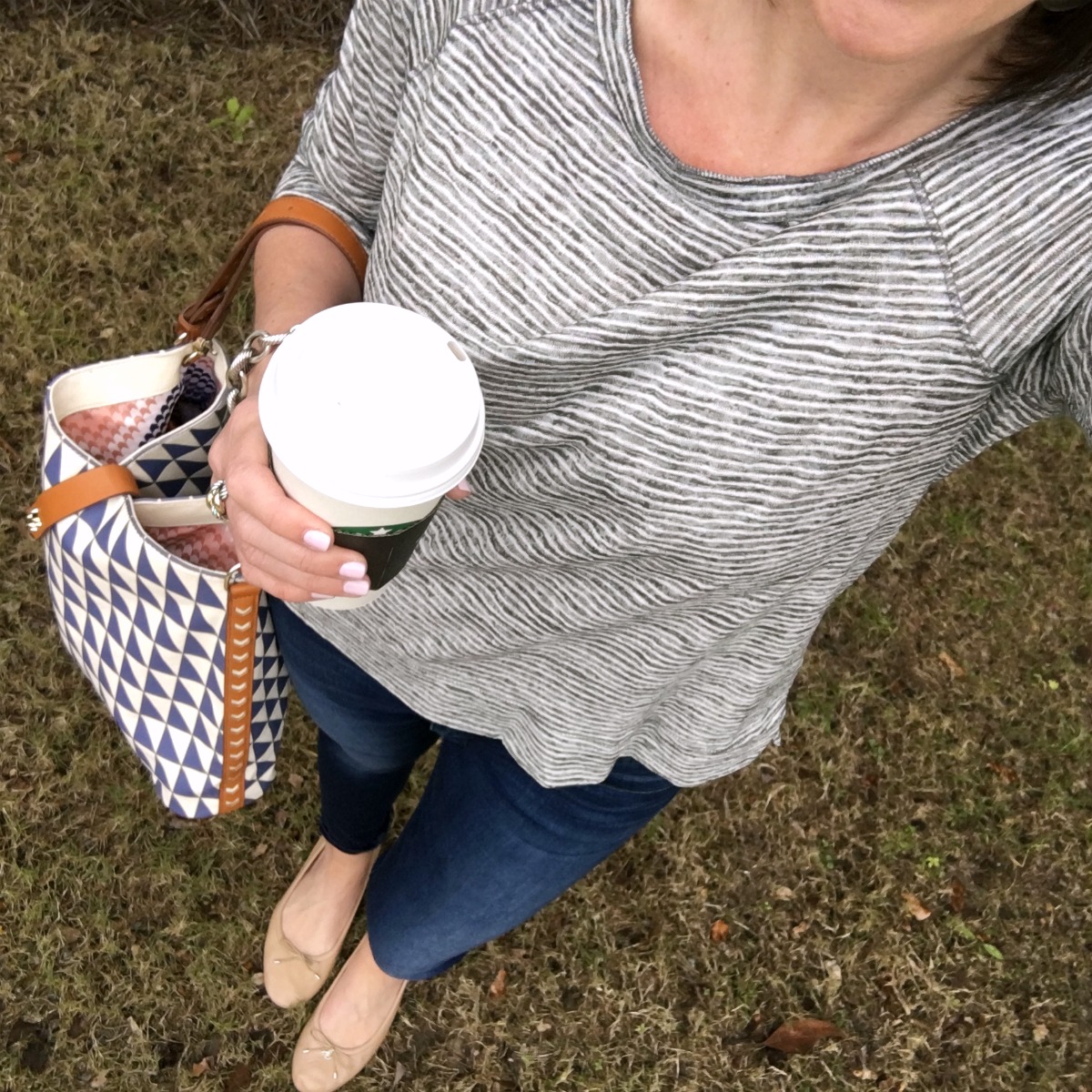 Casual Weekend Outfit: sporty grey striped top, cropped skinny jeans, Hudson Krista super skinny jeans, Sam Edelman, Felicia Flats, nude ballet flats, Stella & Dot Crosby Hobo
