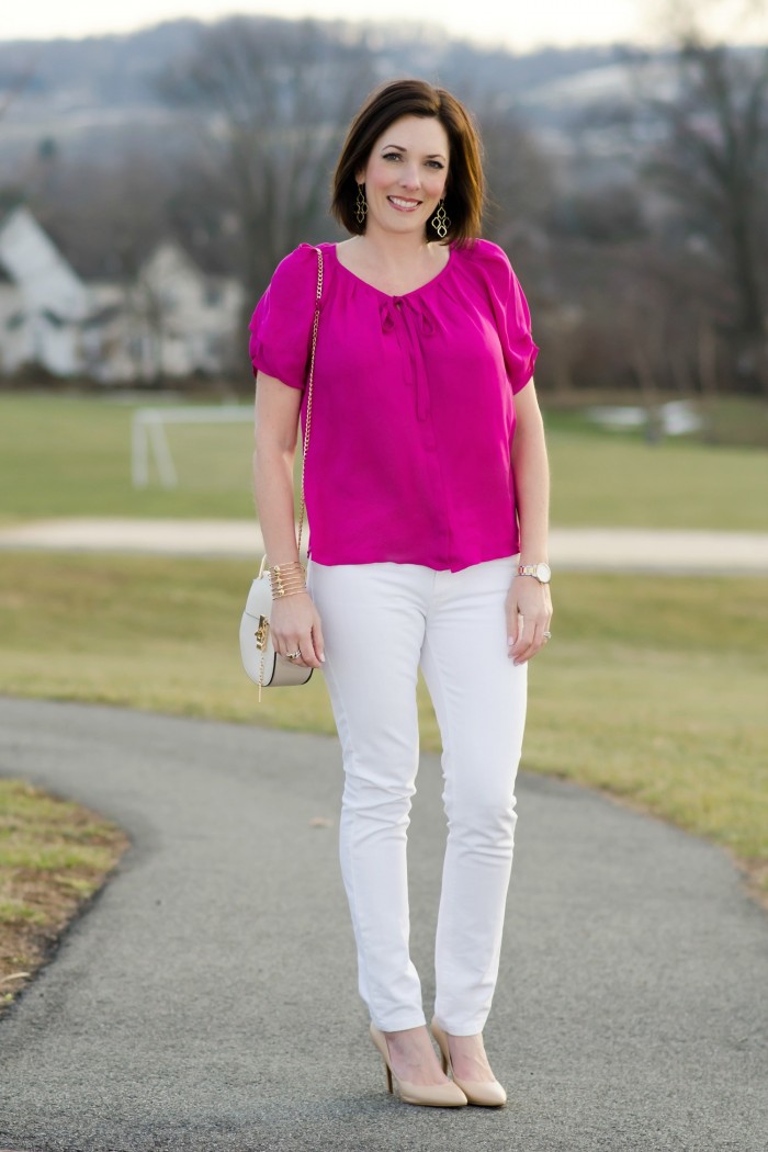 Fashion Over 40 | Spring Outfit Inspiration: Pink Joie Blouse, White Jeans DL1961 Florence, Nude Pumps, Pact Pumps, White Twist Lock Shoulder Bag, Chloe Drew Look-Alike