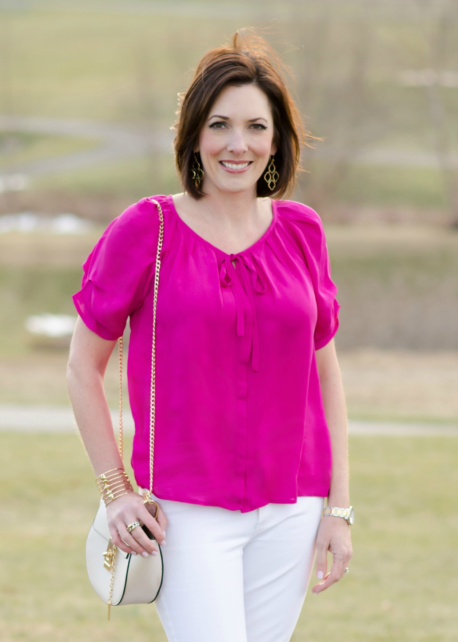 Fashion Over 40 | Spring Outfit Inspiration: Pink Joie Blouse, White Jeans DL1961 Florence, Nude Pumps, Pact Pumps, White Twist Lock Shoulder Bag, Chloe Drew Look-Alike