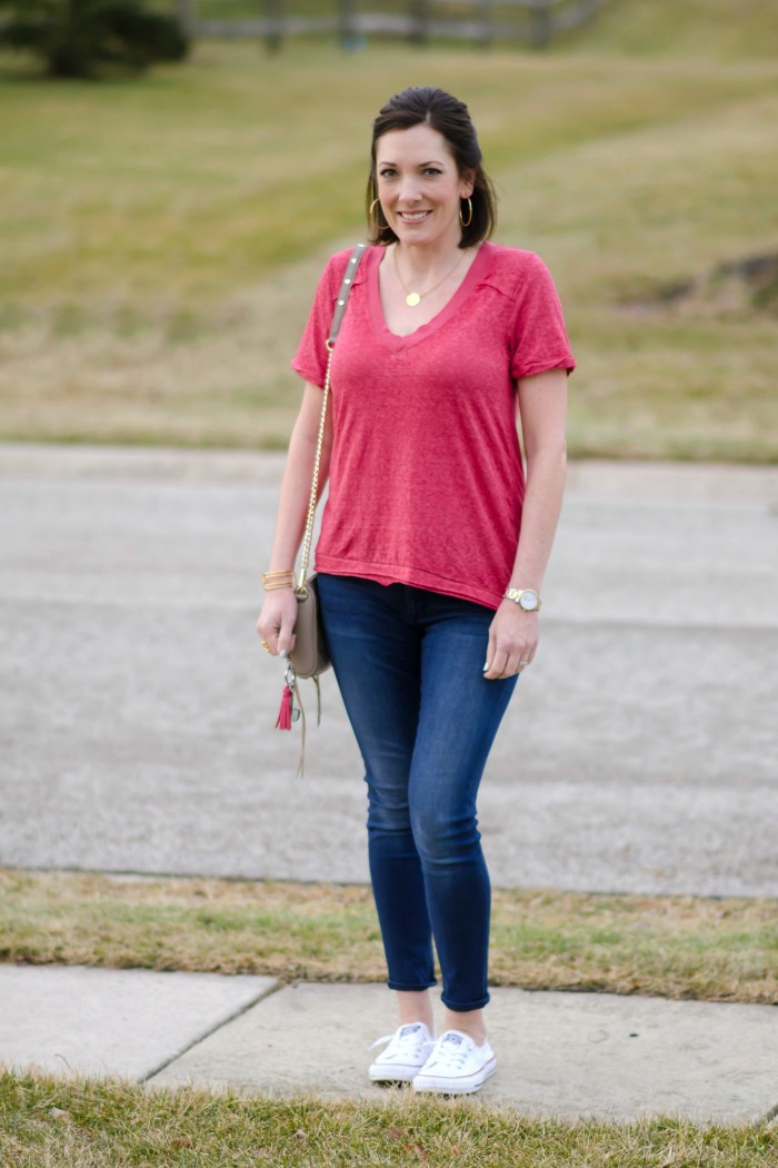 Spring Outfit Inspiration: Red Free People V-Neck Tee with Hudson Super Skinny Crop