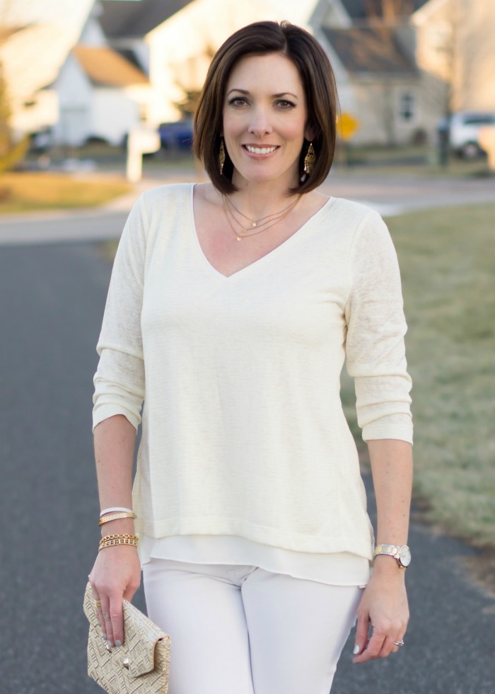 Spring Outfit Inspiration: Pastel Yellow Split Back Top with White Skinny Jeans