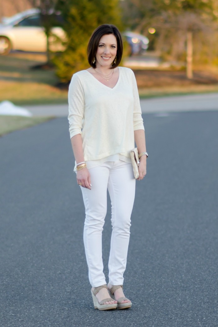 Spring Outfit Inspiration: Pastel Yellow Split Back Layered Tee with White Jeans & Wedge Sandals