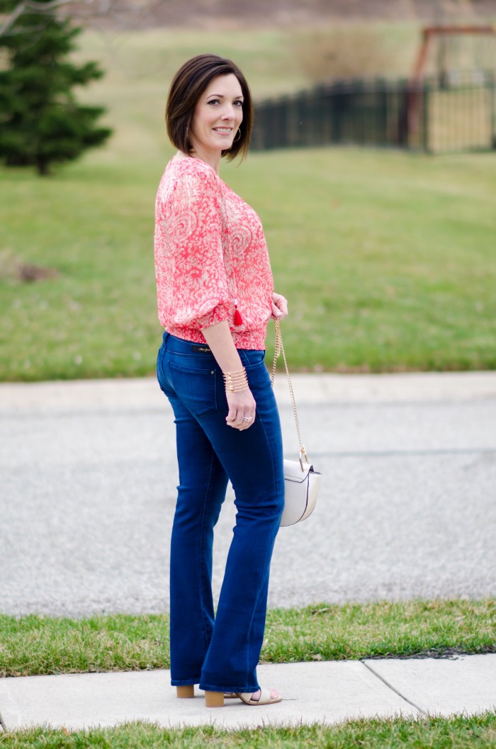 Fashion Over 40: Coral Banded Top with Bootcut Jeans and Payless Block Heel Sandal #PaylessforStyle