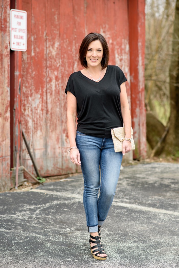 The perfect casual spring outfit: Black Dolman with Light Wash Skinnies and Caged Wedge Sandals from @officialpayless 