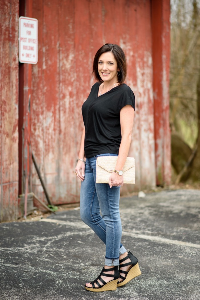 The perfect casual spring outfit: Black Dolman with Light Wash Skinnies and Caged Wedge Sandals from @officialpayless 