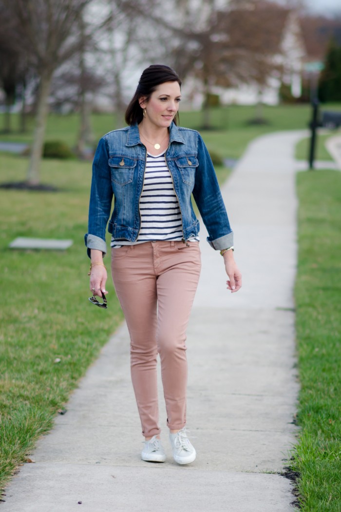 Spring Outfit Inspo: Blush Jeans with Denim Jacket & Striped Tee