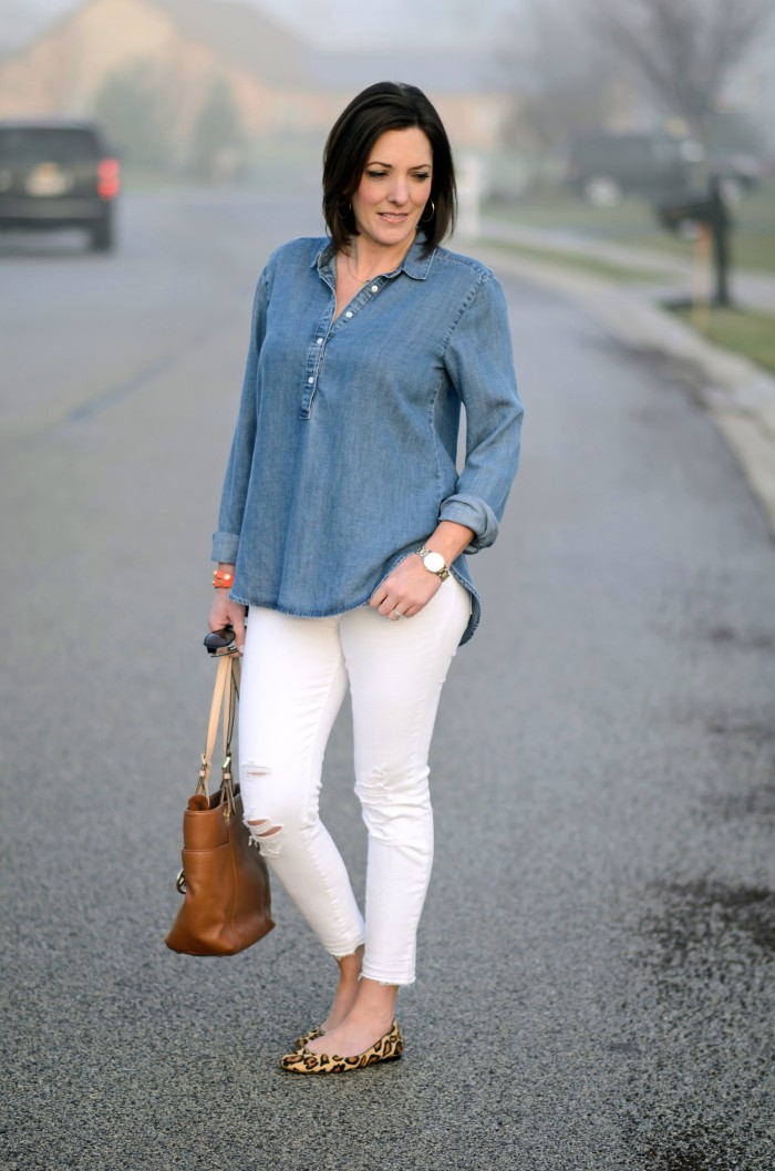 Loving this crisp and chic look for spring! Chambray shirt, white distressed ankle skinnies, and leopard ballet flats!