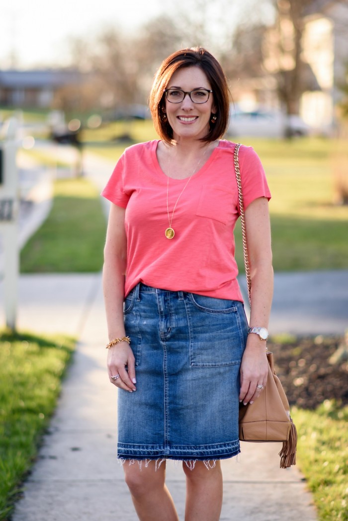 Spring Fashion Inspo: Denim Skirt with Coral Tee and Espadrille Wedges #PaylessforStyle