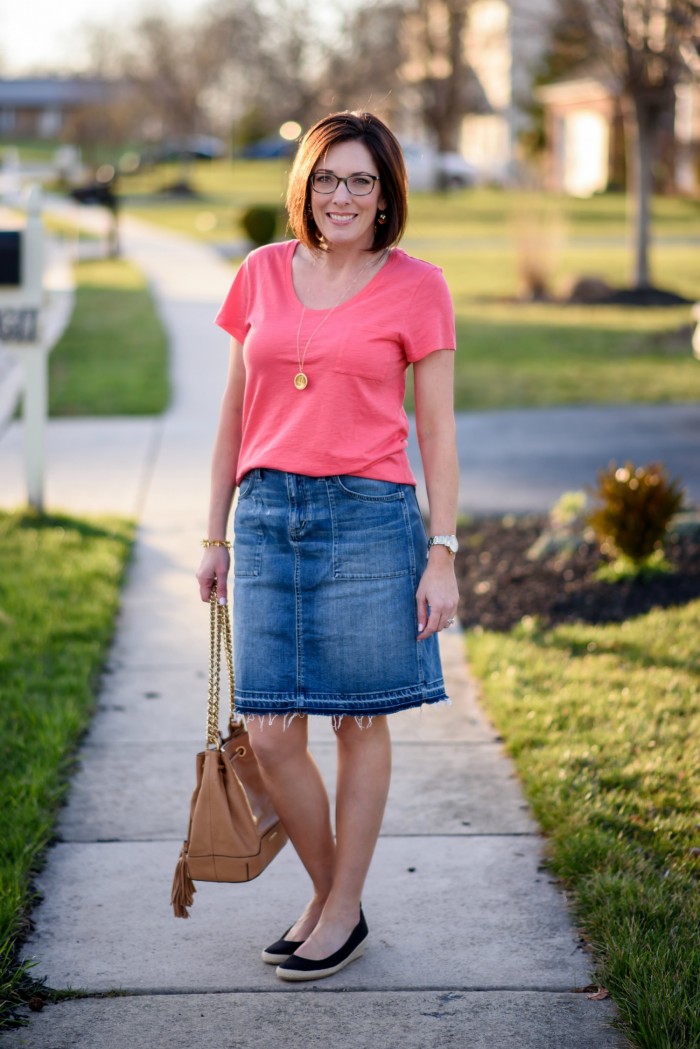 Spring Fashion Inspo: Denim Skirt with Coral Tee and Espadrille Wedges #PaylessforStyle