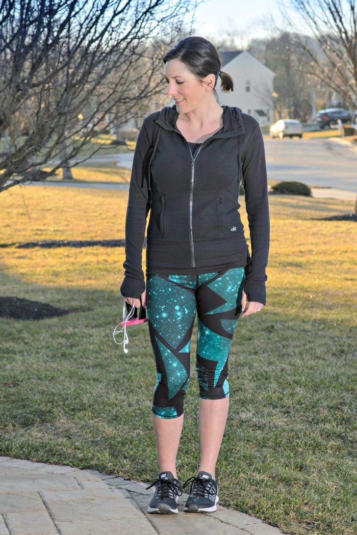Spring Workout Clothes: Alo Airbrush Print Capris and Fleece Front Zip Hoodie with Zella Double Scoop Neck Tank