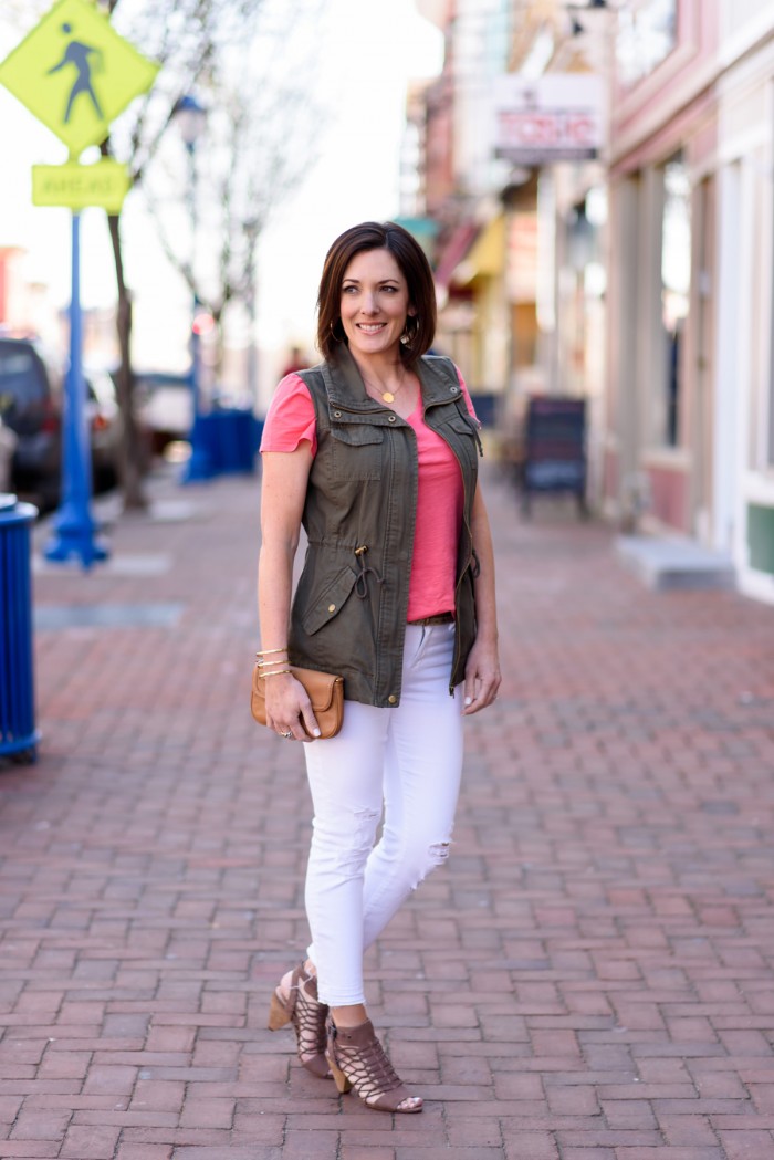 How to Wear a Utility Vest for Spring featuring LOFT Vintage Soft Tee in Pink Zinnia, J.Brand Low Rise Crop Jeans in Demented White Distressed, and Vince Camuto Evel Leather Sandals