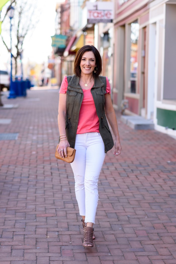 How to Wear a Utility Vest for Spring featuring LOFT Vintage Soft Tee in Pink Zinnia, J.Brand Low Rise Crop Jeans in Demented White Distressed, and Vince Camuto Evel Leather Sandals | Fashion Over 40
