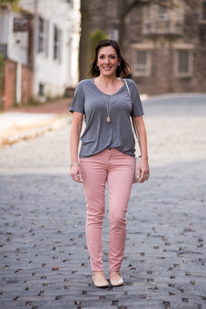 Spring Style Inspiration: Pink + Grey featuring Pale Pink Paige Verdugo Skinny Jeans and grey T by Alexander Wang