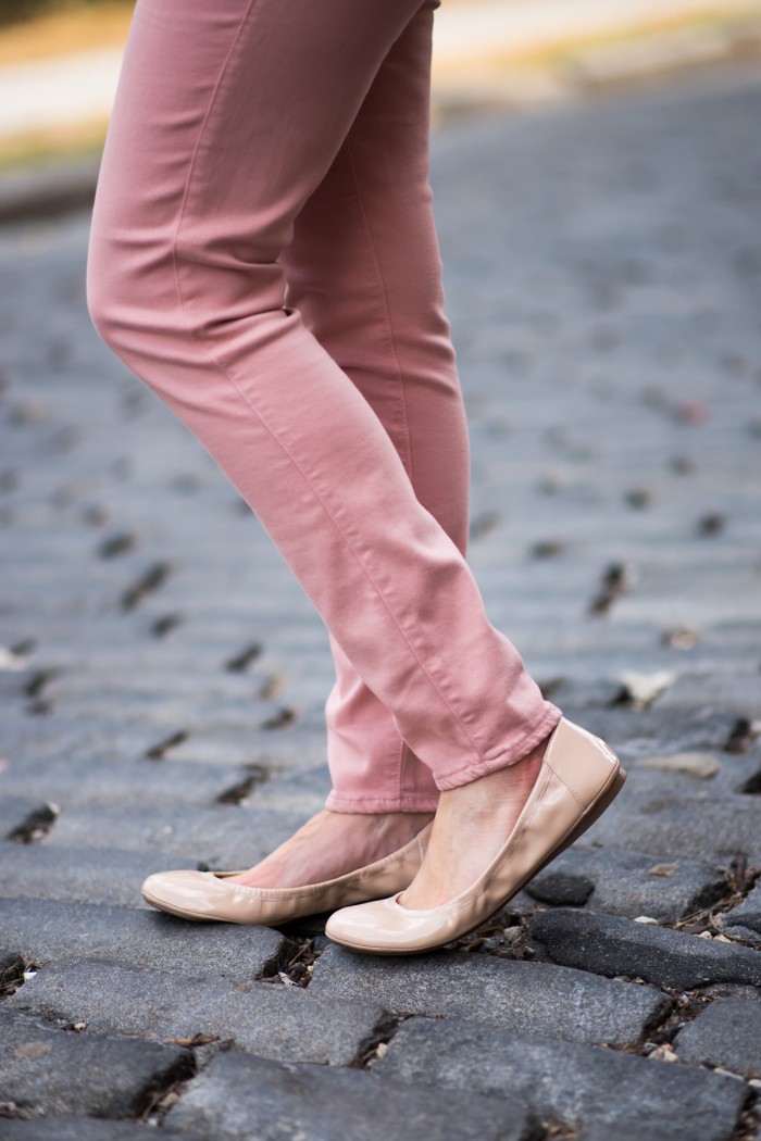 Spring Outfit Inspiration: Pink + Grey featuring Pale Pink Paige Verdugo Skinny Jeans and Bisque Patent Vince Camuto Ellen Flats