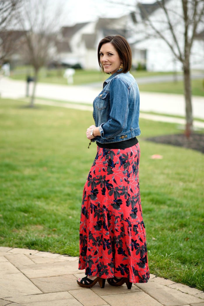 Boho Chic: Red Floral Maxi Skirt with Black and Denim