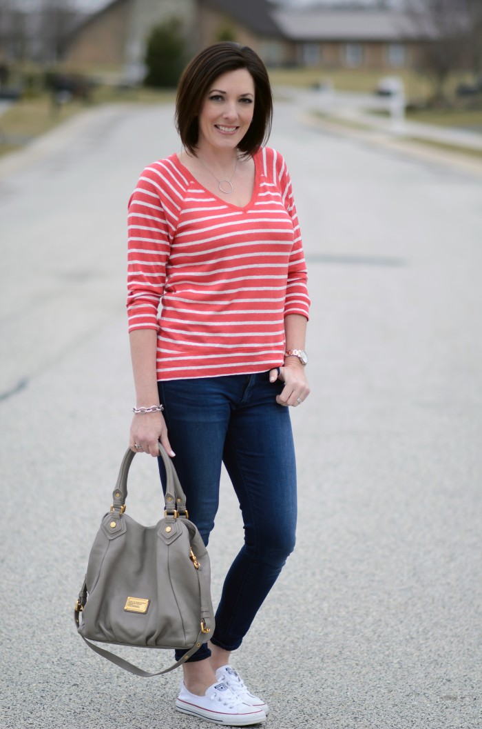 Casual Spring Outfit: Striped V-Neck Pullover, Cropped Skinnies & Converse