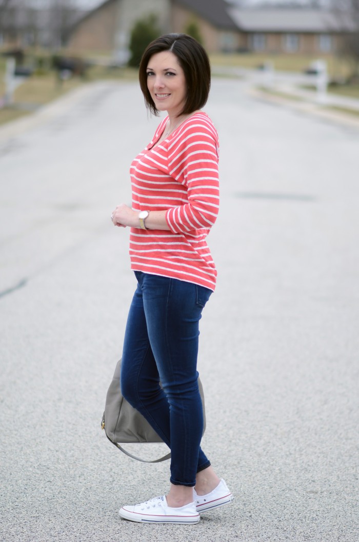 Fashion Over 40: Striped V-Neck Pullover, Cropped Skinnies & Converse