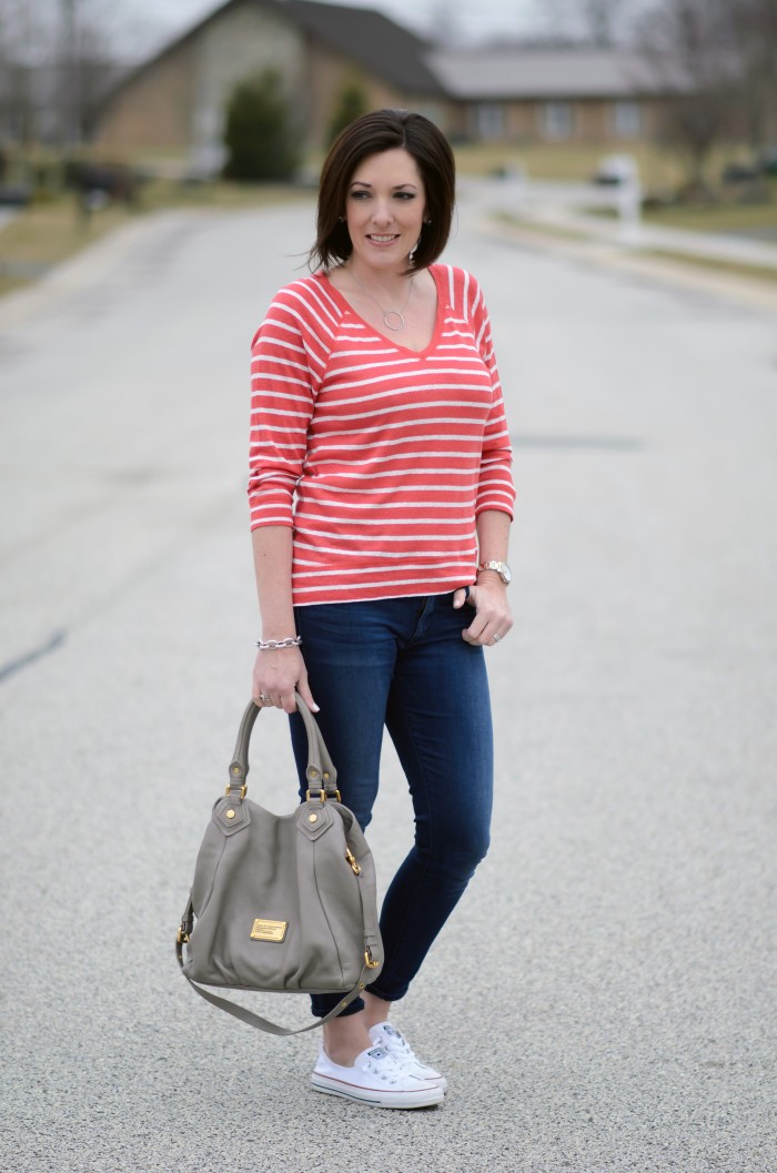 Casual Spring Outfit for Women Over 35: Striped V-Neck Pullover, Cropped Skinnies & Converse