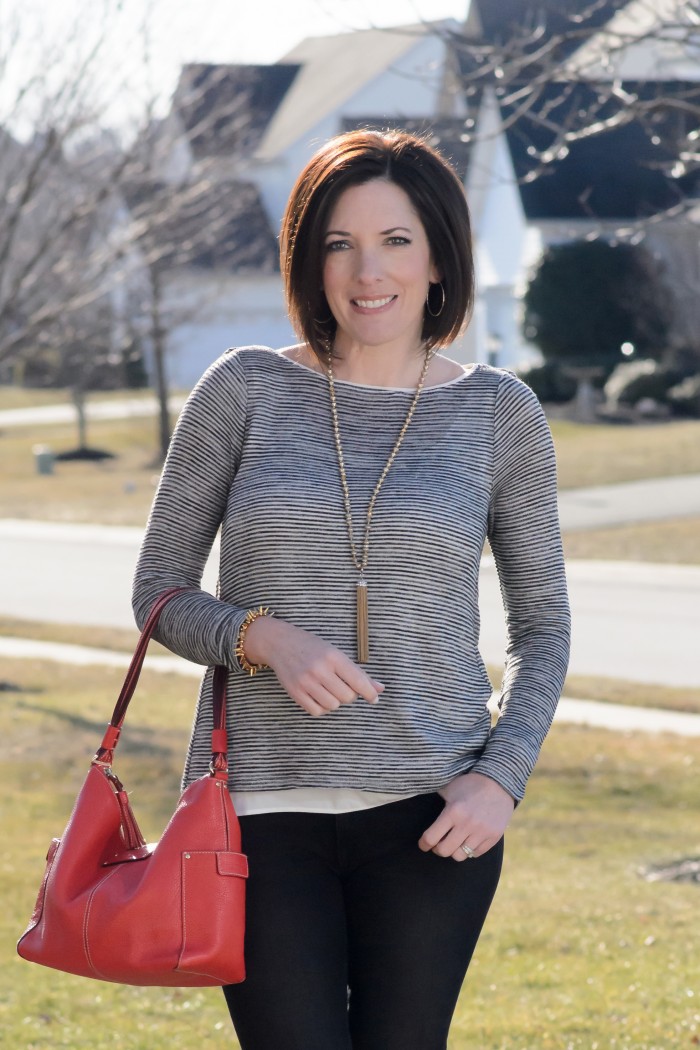 Spring Date Night Outfit: Striped Cross-Back Tee with Black Jeans and Tassel Necklace | Fashion Over 40