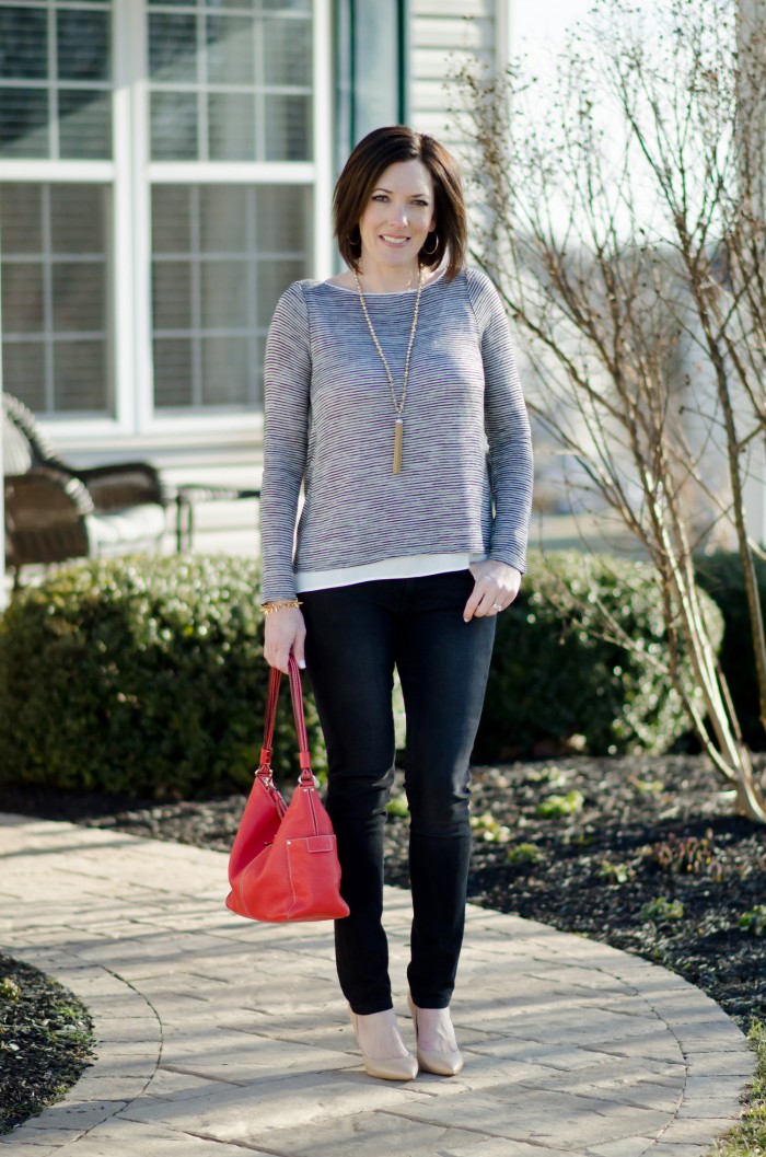 Spring Date Night Outfit: Striped Cross-Back Tee with Black Jeans | Fashion Over 40
