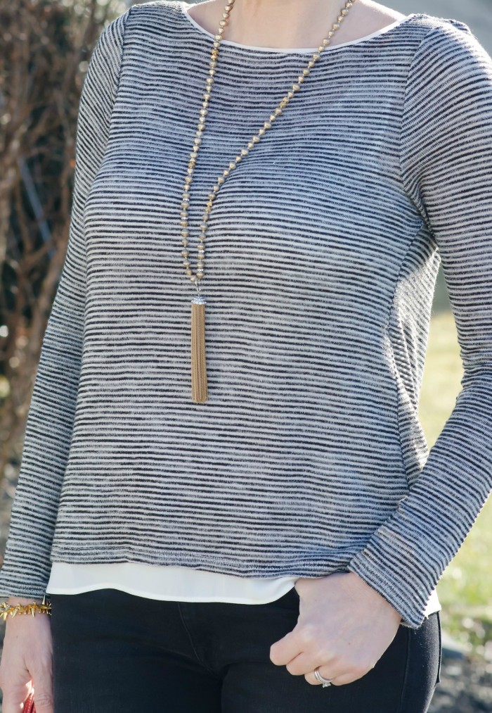 Spring Date Night Outfit: Striped Cross-Back Tee with Gold Tassel Necklace | Fashion Over 40
