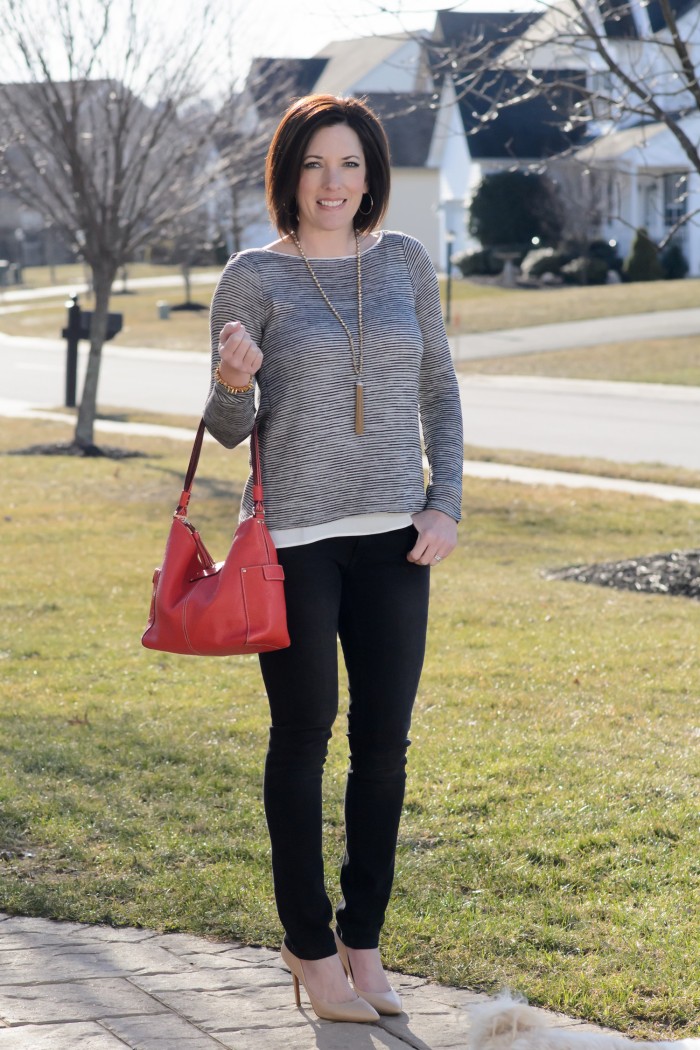 Spring Date Night Outfit: Striped Cross-Back Tee with Black Skinnies, Nude Pumps and a coral handbag for a fun pop of color | Fashion Over 40