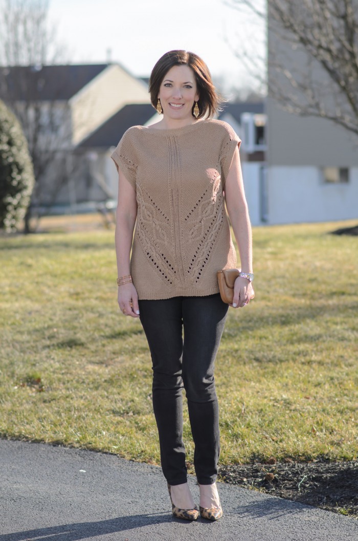 Spring Outfit Inspo: Caramel Cable Knit Poncho + Black Jeans with Leopard D'Orsay Pumps