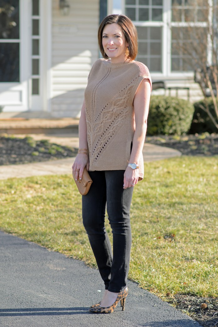 Caramel Cable Knit Poncho + Black Jeans with Leopard D'Orsay Pumps