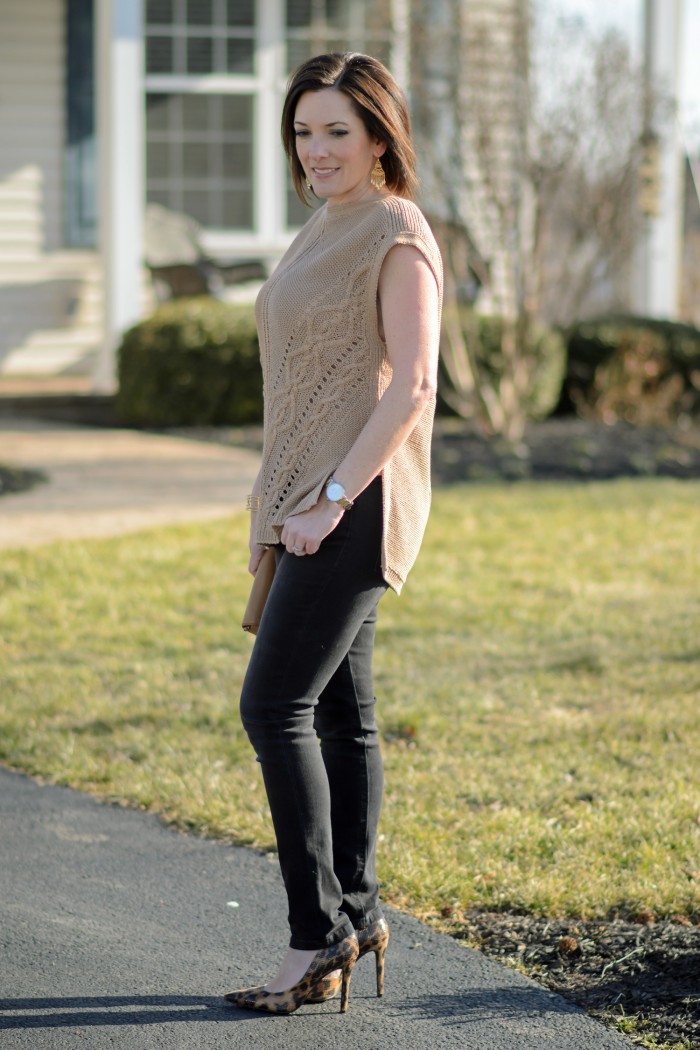 Fashion over 40: Caramel Cable Knit Poncho + Black Jeans with Leopard D'Orsay Pumps
