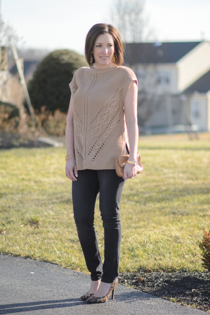Spring Date Night: Caramel Cable Knit Poncho + Black Jeans with Leopard D'Orsay Pumps