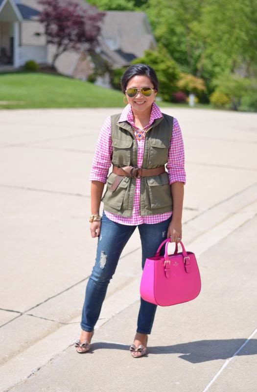 utility vest with pink gingham