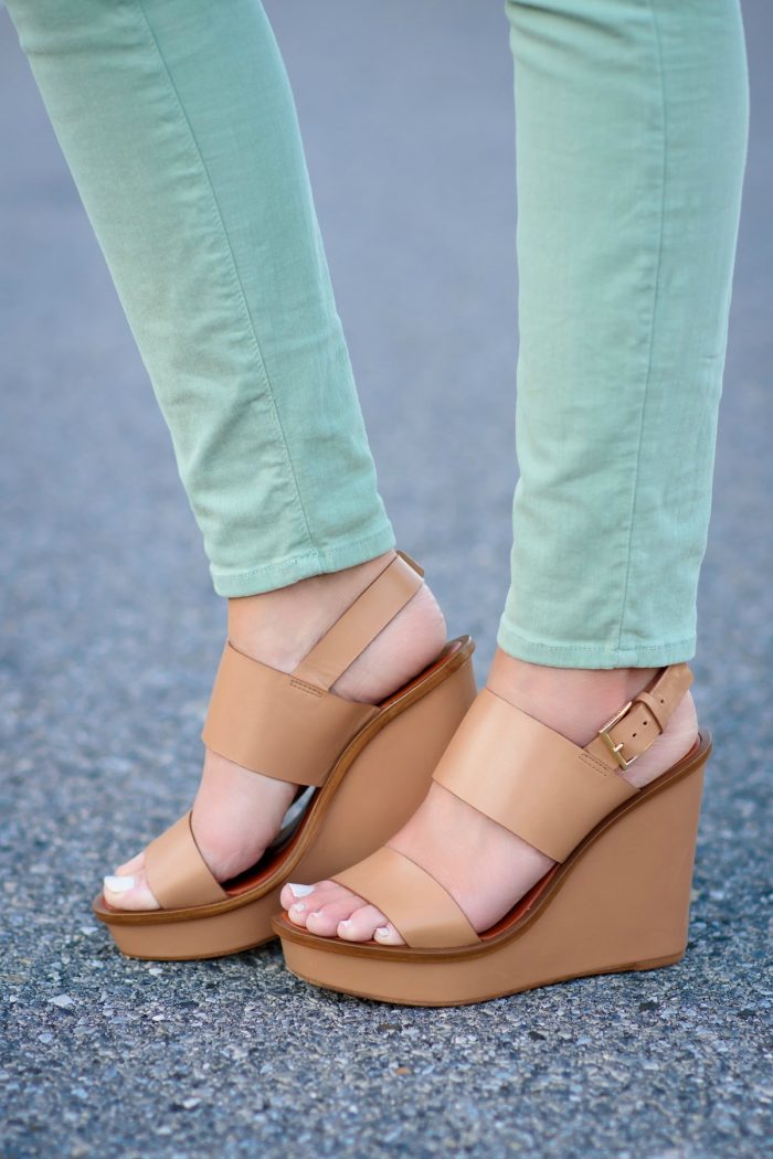 Tory Burch Lexington Wedge with Paige Verdugo Skinny Jeans in Mint Mojito| Fashion Over 40