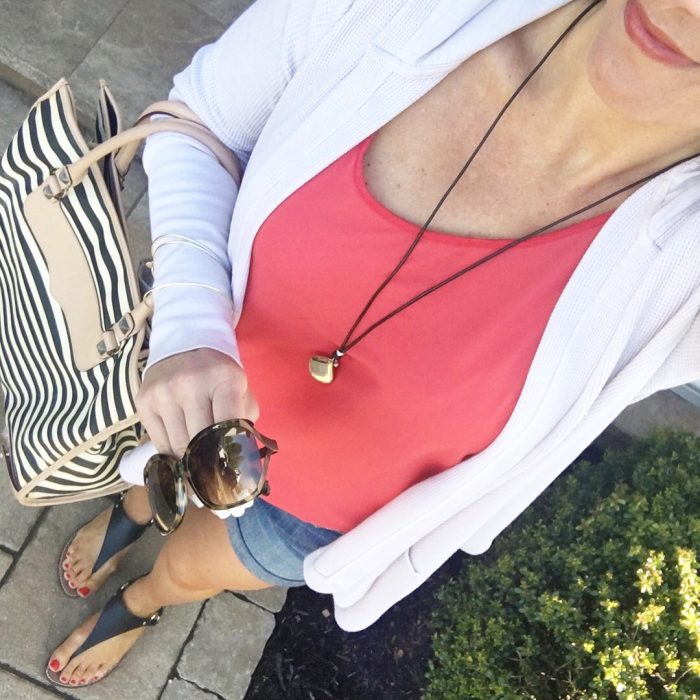 The Perfect Casual Summer Outfit: LOFT Mixed Media Tank in Pink Zinnia, Splendid Draped Waffle Knit Thermal Hoodie in Swan, Joe's Jeans Distressed Rolled Hem Denim Shorts, and Sam Edelman Greta Sandals with Striped Tote