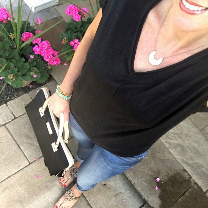 White House Black Market black Jetsetter Tee with DL1961 Emma Skinnies and Tory Burch Miller Sandals in Sand Patent with kate spade new york kennedy park calista laptop bag