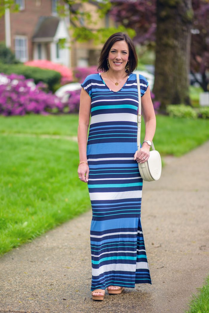This casual Stripe T-Shirt Maxi Dress by Merona for Target is the perfect casual dress for spring! It looks great under a white jean jacket too!
