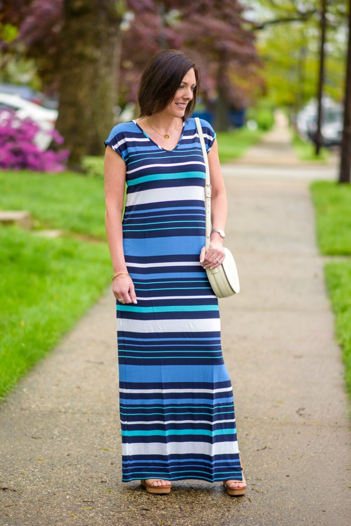 This casual Stripe T-Shirt Maxi Dress by Merona for Target is the perfect casual dress for spring and it's only $29! It looks great under a white jean jacket too!