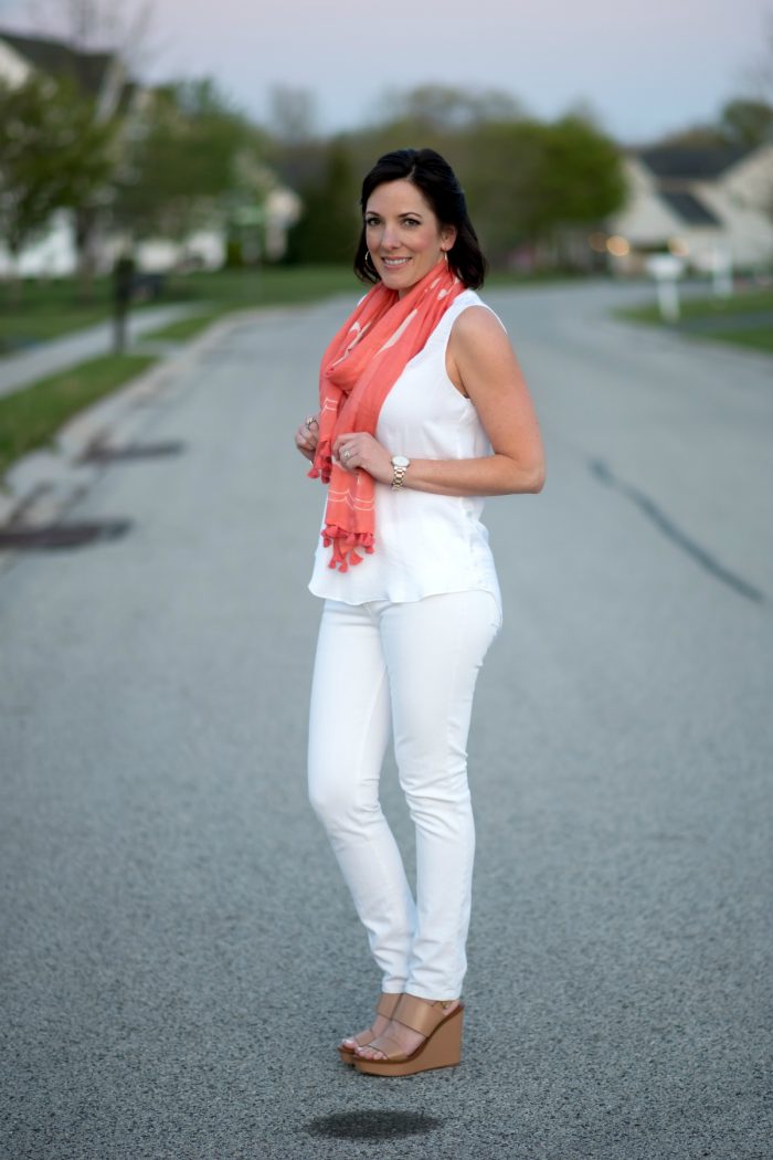 Fashion Over 40: Jo-Lynne Shane showing how to style a spring scarf featuring white Vince Camuto Shirred Blouse and DL1961 Florence skinny jeans with Tory Burch Lexington Wedge Sandals