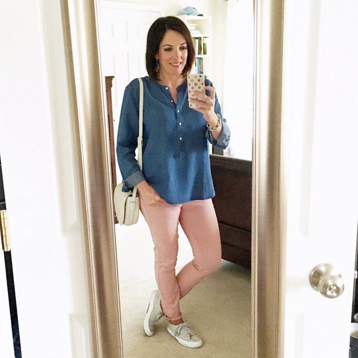 LOFT collarless denim shirt with pink paige verdugo jeans and superga sneakers