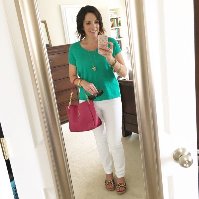 green linen top with DL1961 Florence Skinny Jeans in Milk and Sam Edelman Reid Wedges in Leopard