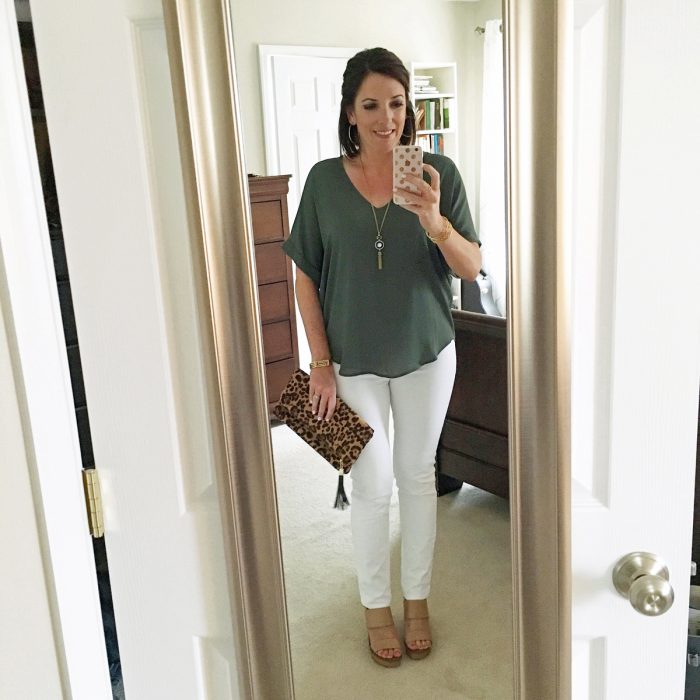 Lush Woven Tee with white DL1961 Florence skinnies and Tory Burch Lexington Wedge Sandals